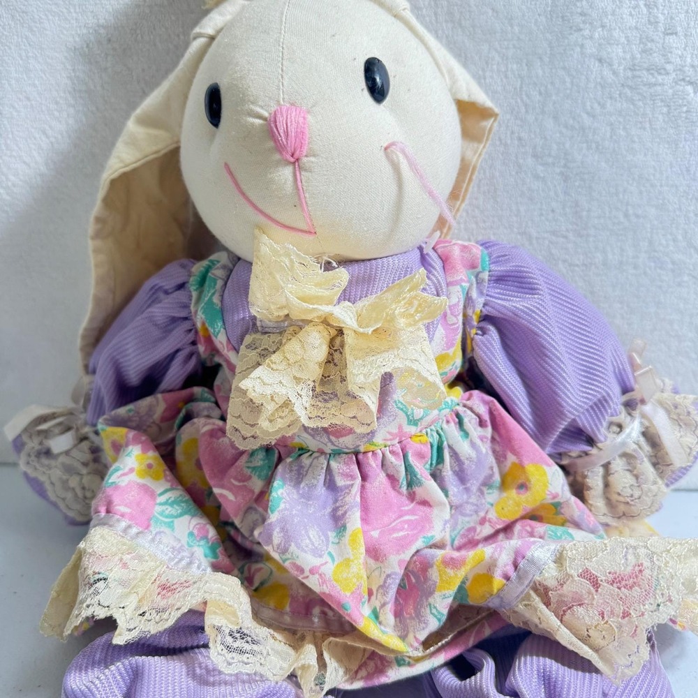 Vintage Stuffed Bunny Rabbit Plush Purple Floral Lace Dress Easter Decor 18in - Picture 2 of 8